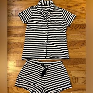 Jcrew Pajama Set- shorts, short sleeve button down top. Navy/White Stripe. XS